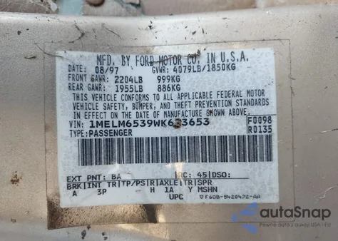 1998 Mercury Mystique from USA, damaged, VIN 1MELM6539WK623653